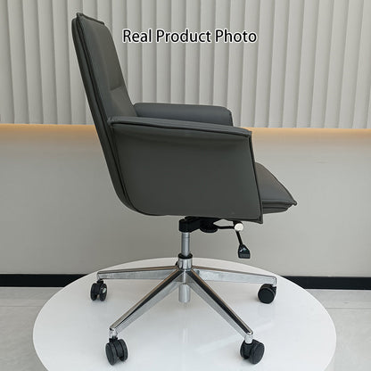 Modern Minimalist Mid-Back Desk Chair: Leather Luxury Swivel Chair- Ergonomic Height-Adjustable Office Chair For Home Office