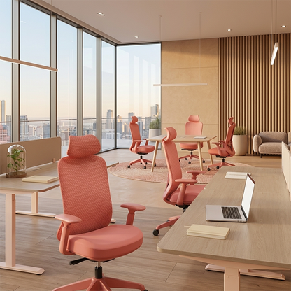 Modern Minimalist Peach-Pink High-Back Desk Chair: 4D Armrest & Breathable Mesh Fabric - Ergonomic Gaming Chair For Home Office