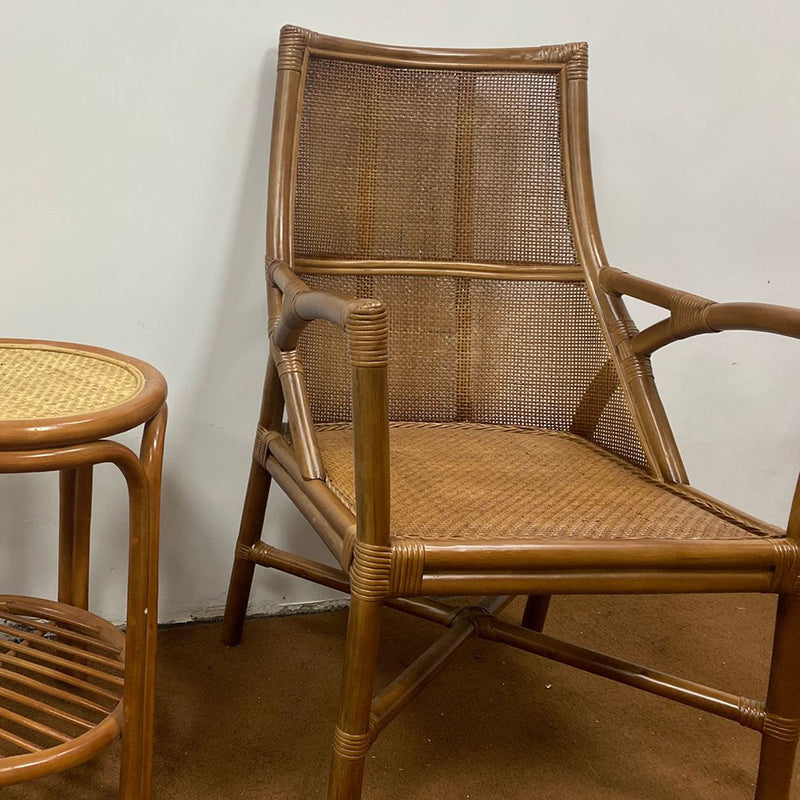 Traditional Vintage Curved Genuine Rattan Dining Chair Backrest Armrest For Dining Room