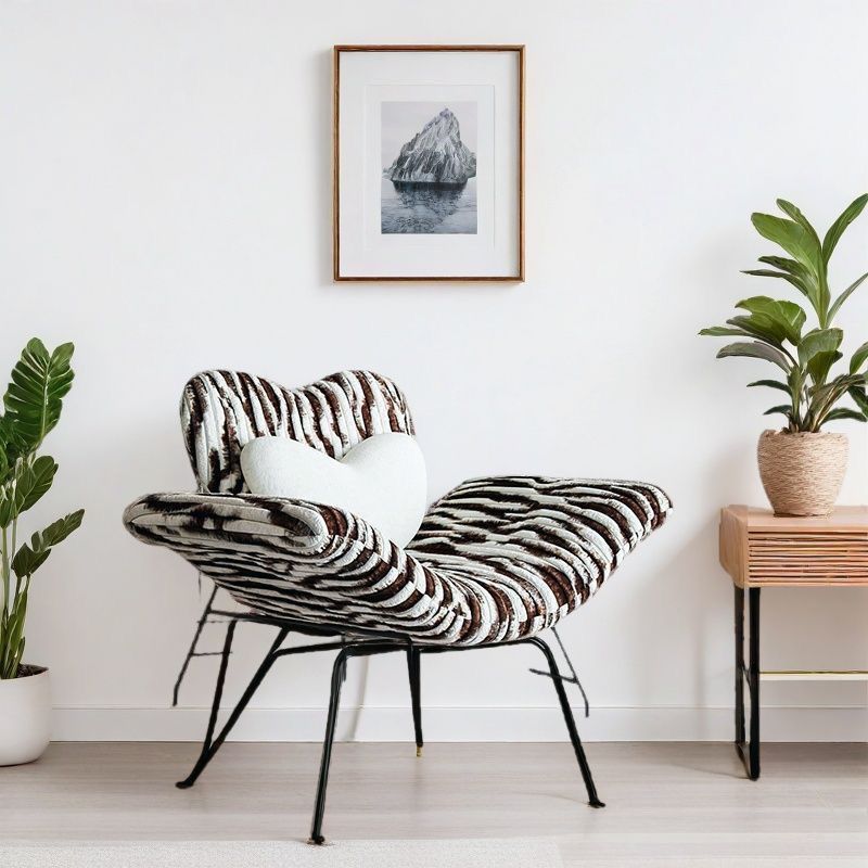 Modern Minimalist Curved Rabbit Velvet Sponge Carbon Steel Accent Chair Backrest Armrest For Living Room