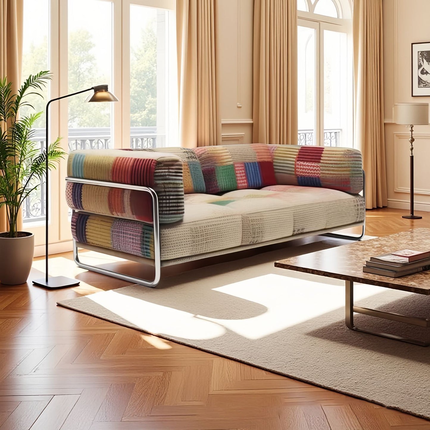 Modern Minimalist Rectangular Cushion Cat-Scratch-Resistant Leather Grain Velvet Velour Fabric Stainless Steel Sponge Sofa Backrest Armrest For Living Room