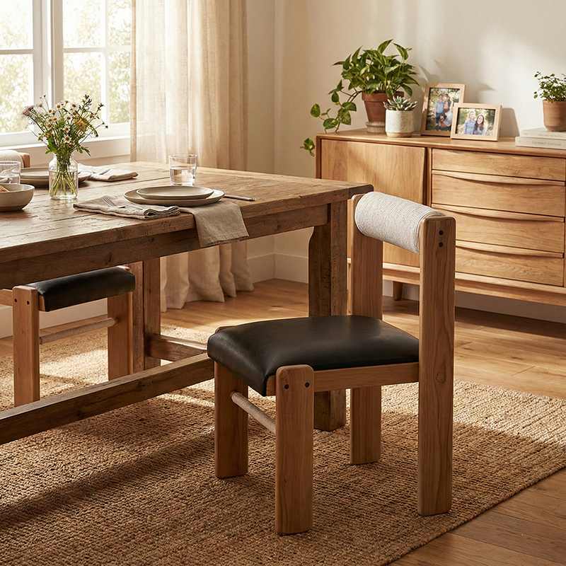 Traditional Vintage Rectangular Seat Cushion Solid Wood PU Leather Cotton Linen Sponge Dining Chair Backrest For Dining Room