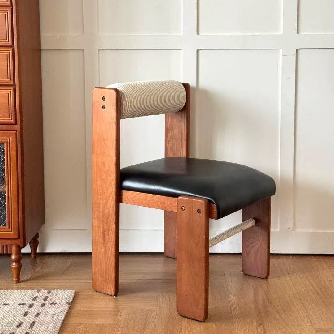 Traditional Vintage Rectangular Seat Cushion Solid Wood PU Leather Cotton Linen Sponge Dining Chair Backrest For Dining Room