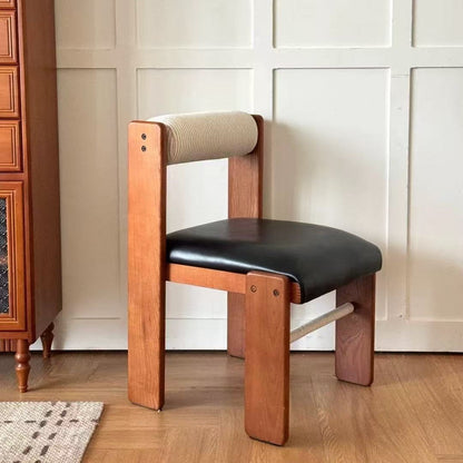 Traditional Vintage Rectangular Seat Cushion Solid Wood PU Leather Cotton Linen Sponge Dining Chair Backrest For Dining Room