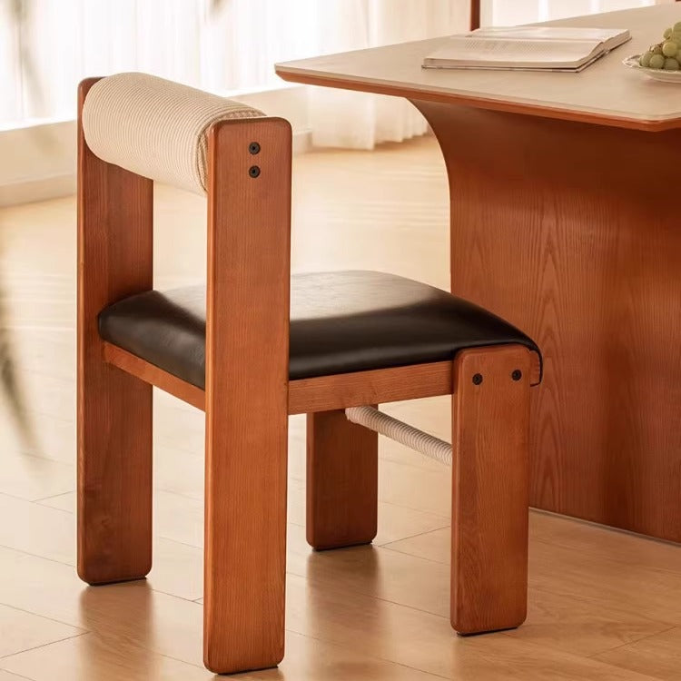 Traditional Vintage Rectangular Seat Cushion Solid Wood PU Leather Cotton Linen Sponge Dining Chair Backrest For Dining Room