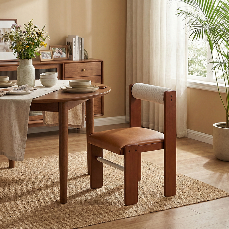 Traditional Vintage Rectangular Seat Cushion Solid Wood PU Leather Cotton Linen Sponge Dining Chair Backrest For Dining Room