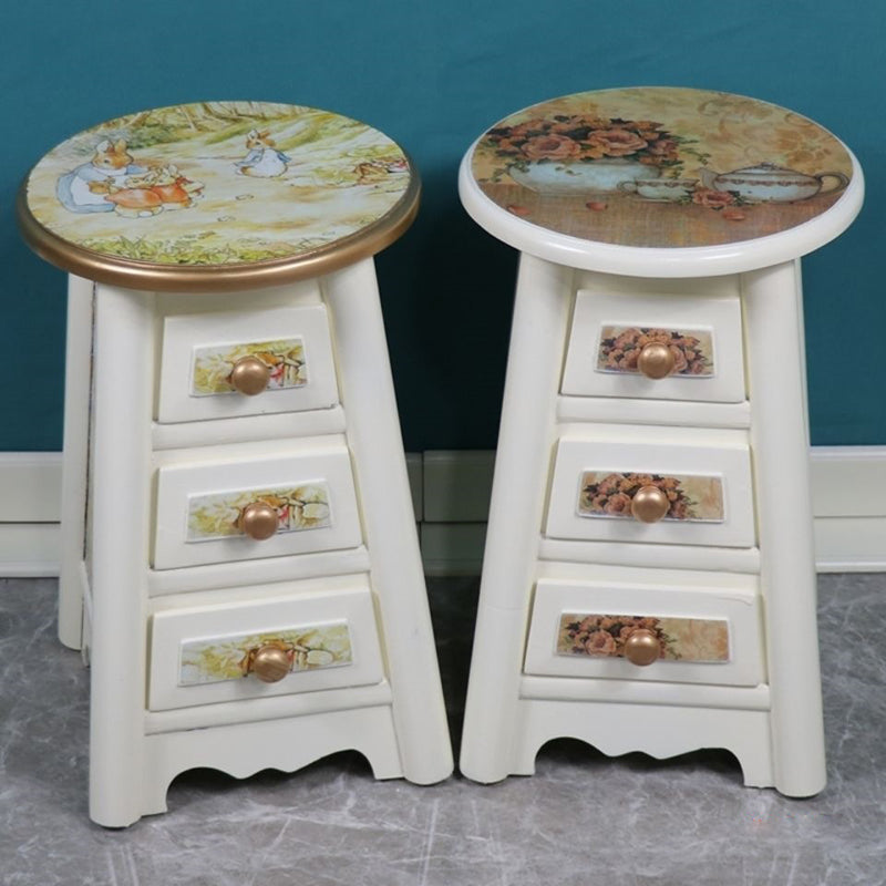 Traditional Vintage Round Solid Wood Medium Density Fiberboard Vanity Stool 3-Drawer For Bedroom