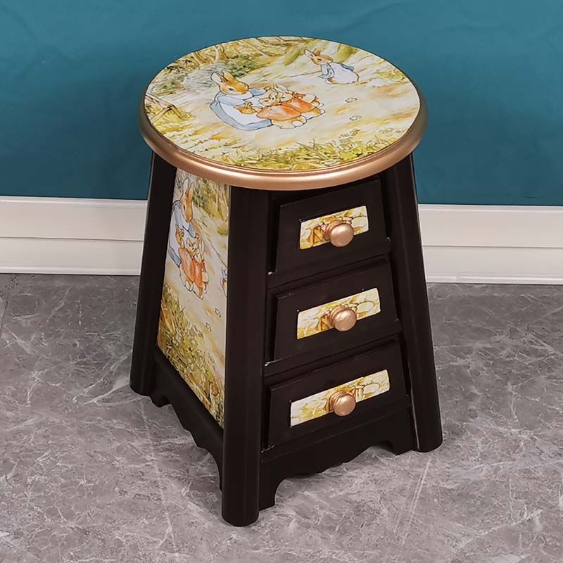Traditional Vintage Round Solid Wood Medium Density Fiberboard Vanity Stool 3-Drawer For Bedroom
