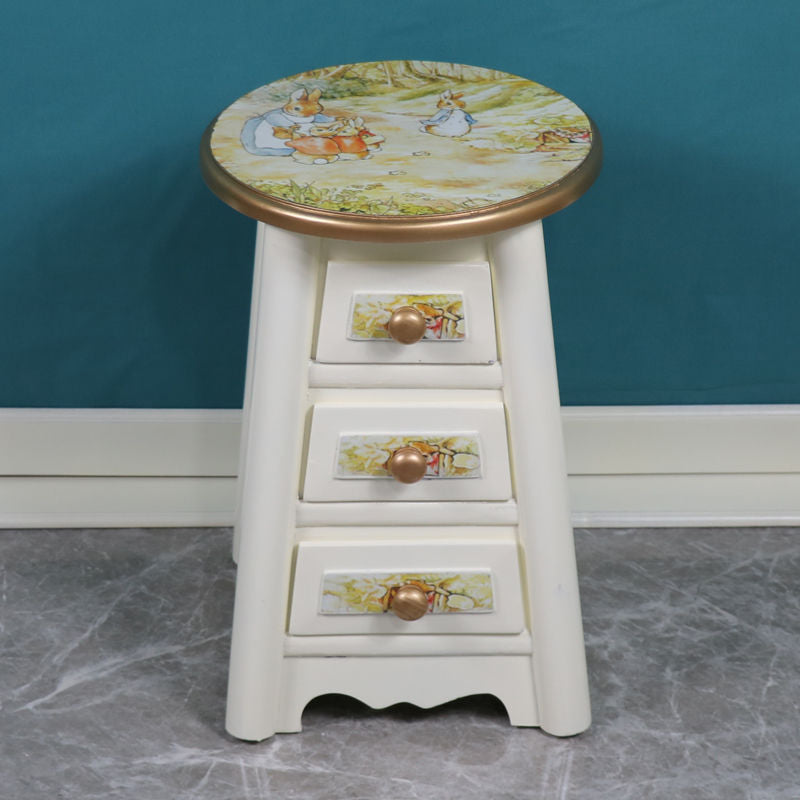 Traditional Vintage Round Solid Wood Medium Density Fiberboard Vanity Stool 3-Drawer For Bedroom