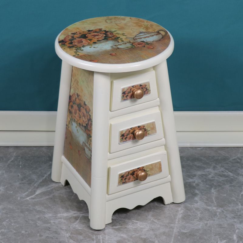 Traditional Vintage Round Solid Wood Medium Density Fiberboard Vanity Stool 3-Drawer For Bedroom