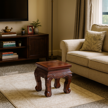 Traditional Vintage Square Solid Wood Footstool Carved Design For Living Room