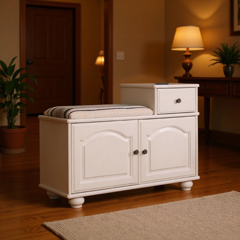 Traditional Vintage Rectangular Solid Wood Medium Density Fiberboard Fabric Sponge Storage Cabinet 4-Leg 2-Cabinet 1-Drawer For Entryways