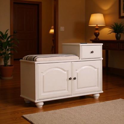 Traditional Vintage Rectangular Solid Wood Medium Density Fiberboard Fabric Sponge Storage Cabinet 4-Leg 2-Cabinet 1-Drawer For Entryways