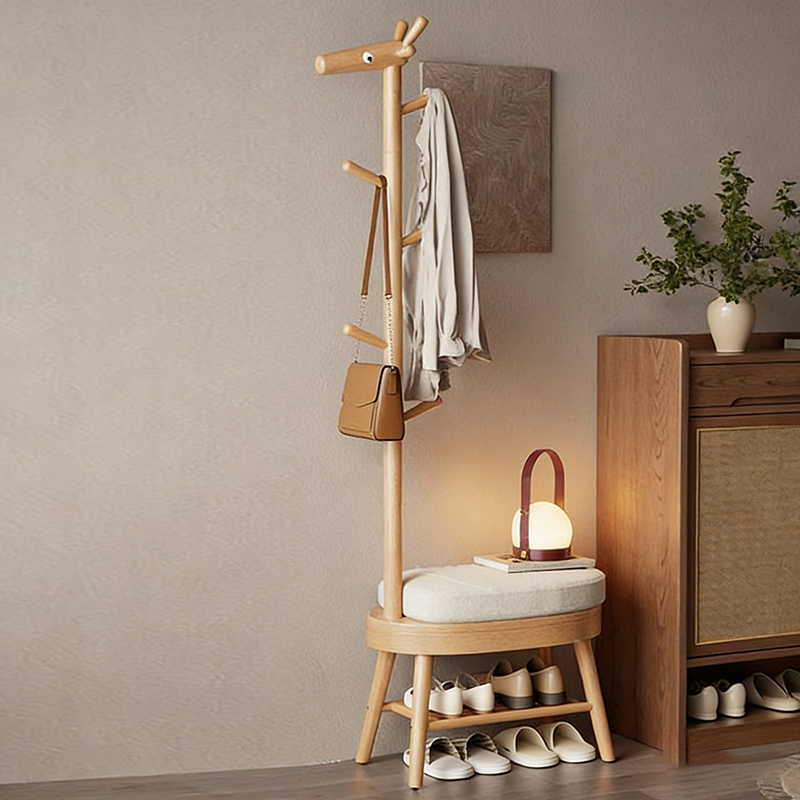 Modern Minimalist Giraffe-Shaped Solid Wood Teddy Plush Sponge Footstool For Entryway