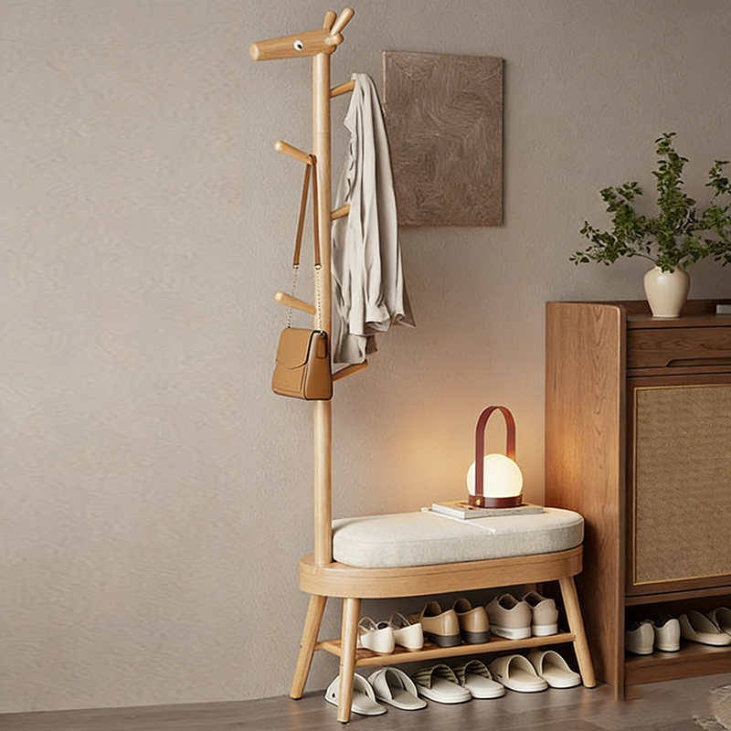 Modern Minimalist Giraffe-Shaped Solid Wood Teddy Plush Sponge Footstool For Entryway