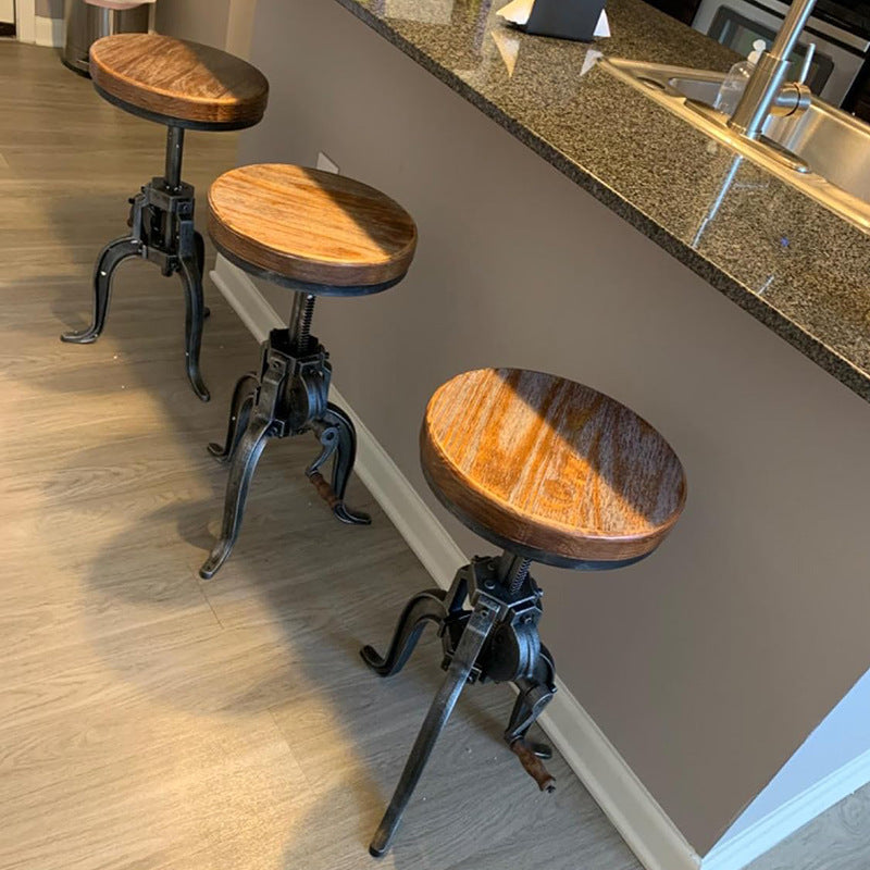Modern Minimalist Round Iron Solid Wood Bar Stool Height Adjustment For Dining Room