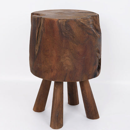 Rustic Round Solid Wood Stool - Vintage Hand-Carved Side Table: Heavy Duty, Natural Edge & Stable Flared Legs For Garden, Patio & Home