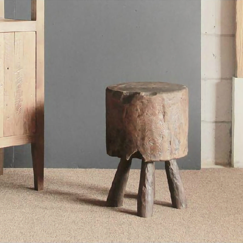 Rustic Round Solid Wood Stool - Vintage Hand-Carved Side Table: Heavy Duty, Natural Edge & Stable Flared Legs For Garden, Patio & Home