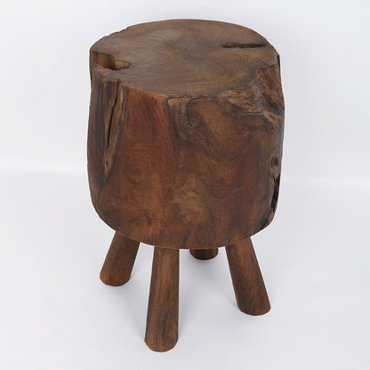 Rustic Round Solid Wood Stool - Vintage Hand-Carved Side Table: Heavy Duty, Natural Edge & Stable Flared Legs For Garden, Patio & Home