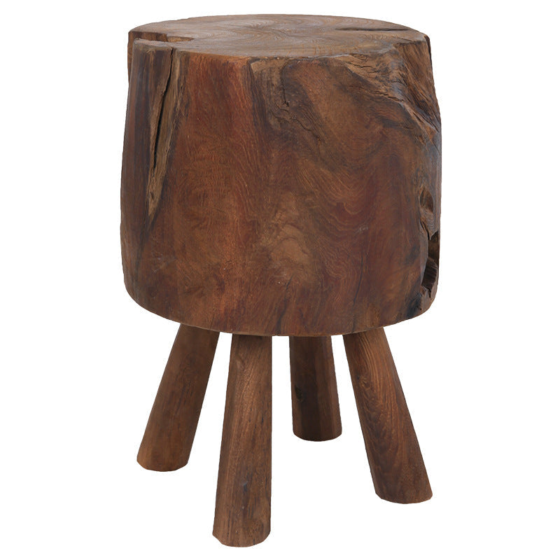 Rustic Round Solid Wood Stool - Vintage Hand-Carved Side Table: Heavy Duty, Natural Edge & Stable Flared Legs For Garden, Patio & Home