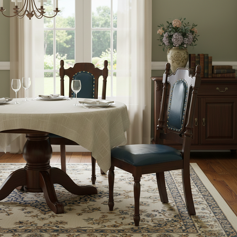 Traditional Vintage Curved Faux Oil Wax Leather Solid Wood Sponge Dining Chair Backrest For Dining Room