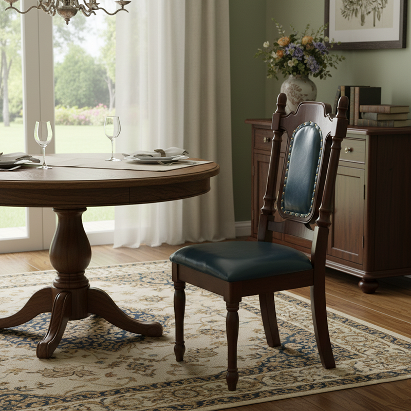 Traditional Vintage Curved Faux Oil Wax Leather Solid Wood Sponge Dining Chair Backrest For Dining Room
