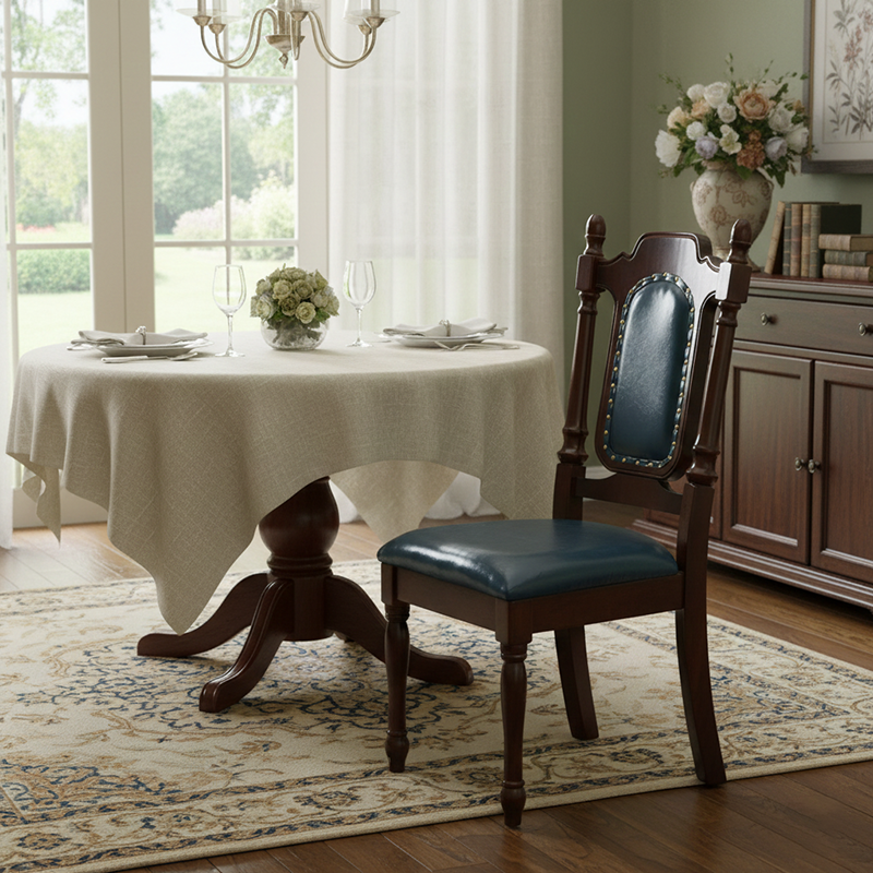 Traditional Vintage Curved Faux Oil Wax Leather Solid Wood Sponge Dining Chair Backrest For Dining Room