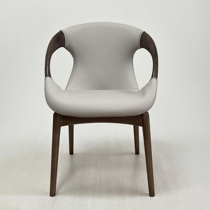 Modern Luxury Curved Tech White Ash Wood Sponge PU Leather Dining Chair Backrest Armrest For Dining Room