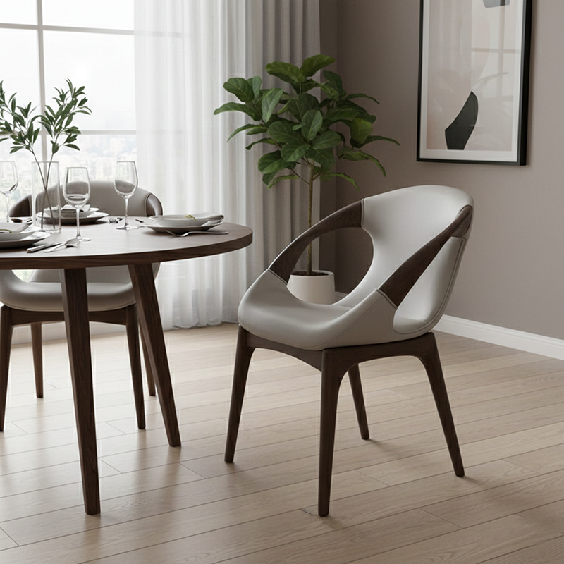 Modern Luxury Curved Tech White Ash Wood Sponge PU Leather Dining Chair Backrest Armrest For Dining Room