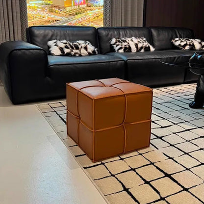 Traditional Vintage Square Plywood Sponge Synthetic Leather Footstool For Living Room