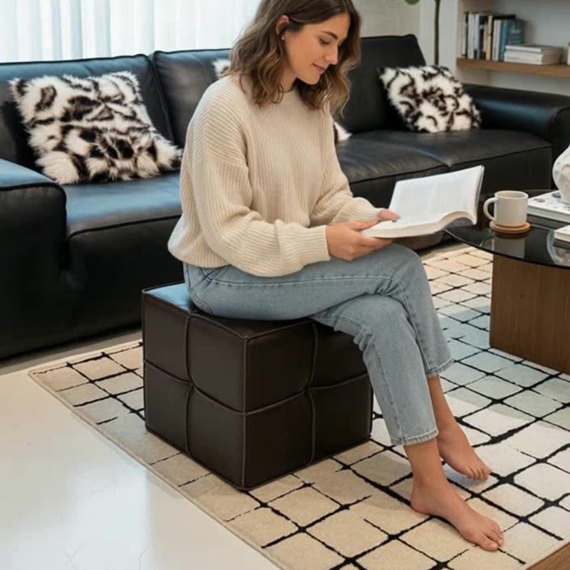 Traditional Vintage Square Plywood Sponge Synthetic Leather Footstool For Living Room