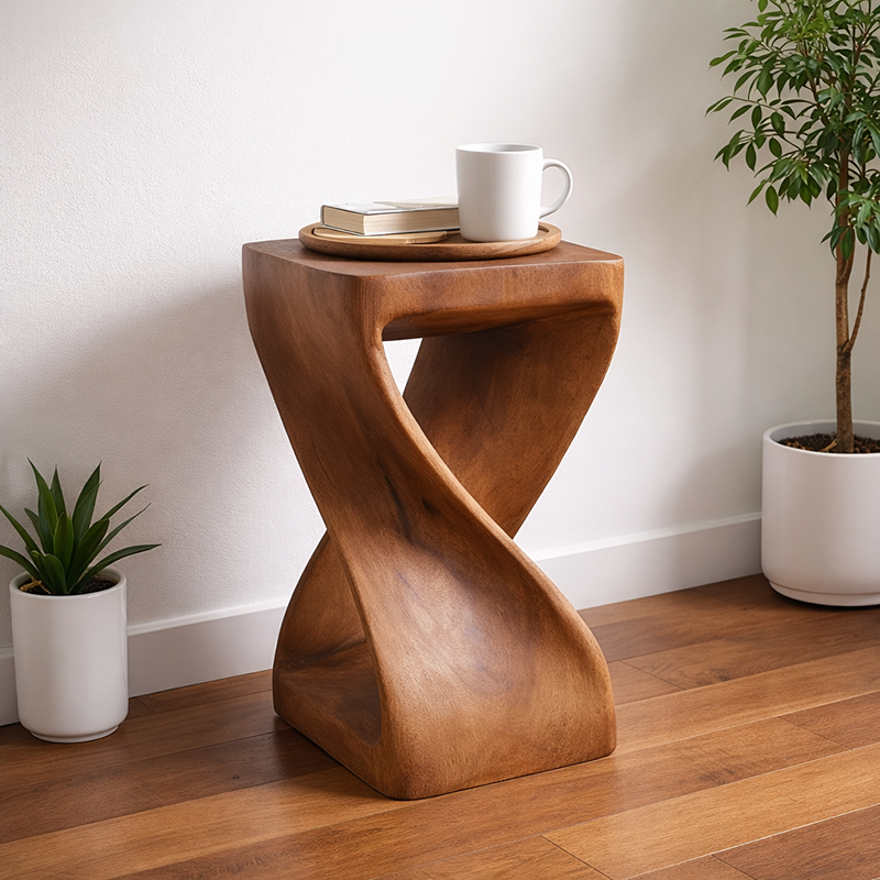 Modern Art Deco Spiral Solid Wood Footstool Openwork Design For Living Room