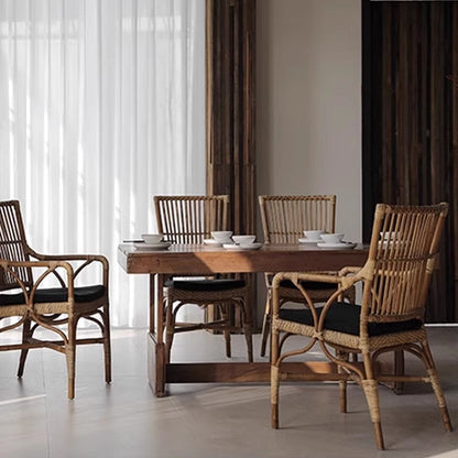 Traditional Vintage Curved Fabric Rattan Sponge Dining Chair Backrest Armrest For Dining Room