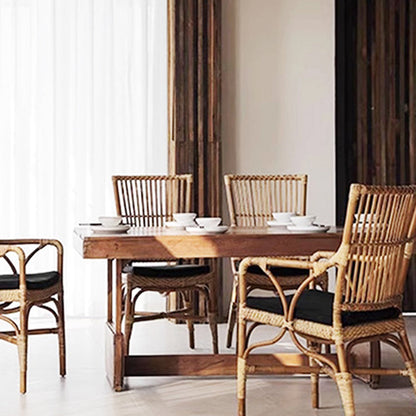 Traditional Vintage Curved Fabric Rattan Sponge Dining Chair Backrest Armrest For Dining Room