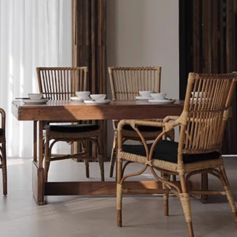 Traditional Vintage Curved Fabric Rattan Sponge Dining Chair Backrest Armrest For Dining Room