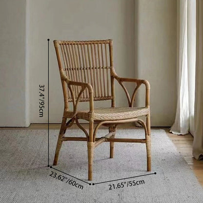 Traditional Vintage Curved Fabric Rattan Sponge Dining Chair Backrest Armrest For Dining Room