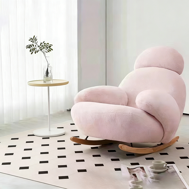 Modern Minimalist Curved Sherpa Fabric Solid Wood Rocking Chair Backrest Armrest For Living Room