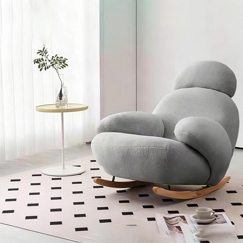 Modern Minimalist Curved Sherpa Fabric Solid Wood Rocking Chair Backrest Armrest For Living Room