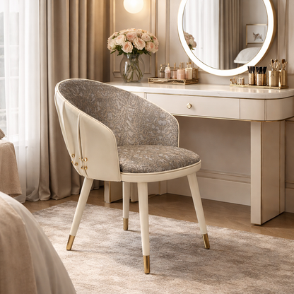 Modern Minimalist Curved Solid Wood Fabric Microfiber Leather Sponge Vanity Stool Backrest Armrest For Bedroom