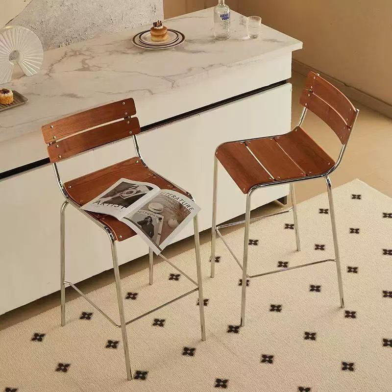 Modern Minimalist Rectangular Bar Stool - Solid Wood Multi-layer Board, Sleek Metal Frame: Durable Finish & Stable Support For Kitchen And Dining Room