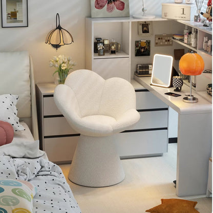 Contemporary Scandinavian Lamb Fleece Fabric Wood Sponge Round Petal-Shaped Swivel Backrest Armrest Vanity Stool For Living Room & Bedroom