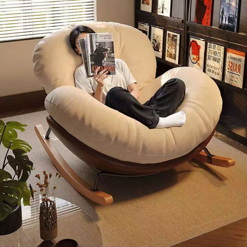 Contemporary Nordic Woven Fabric Cat-Scratch Leather Rubberwood Carbon Steel Round Rocking Chair Backrest Armrest For Living Room
