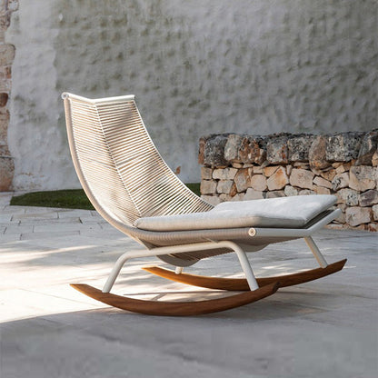 Contemporary Nordic PE Rattan Teak Wood Outdoor Waterproof Fabric Rectangular Rocking Chair Backrest For Living Room & Ourdoor