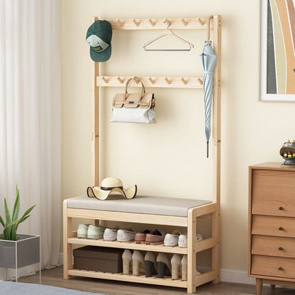 Modern Minimalist Solid Wood Linen Rectangular Shoe Bench 2-Tier Hall Tree For Entryway