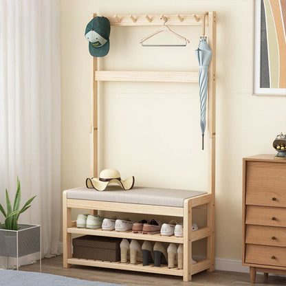 Modern Minimalist Solid Wood Linen Rectangular Shoe Bench 2-Tier Hall Tree For Entryway