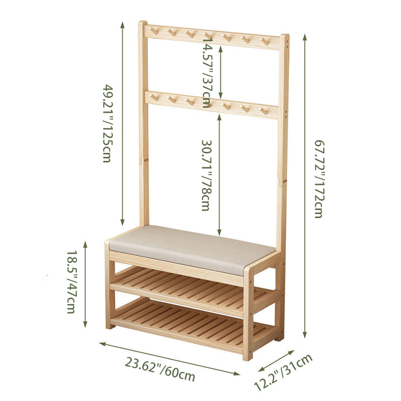 Modern Minimalist Solid Wood Linen Rectangular Shoe Bench 2-Tier Hall Tree For Entryway