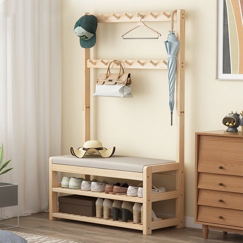 Modern Minimalist Solid Wood Linen Rectangular Shoe Bench 2-Tier Hall Tree For Entryway