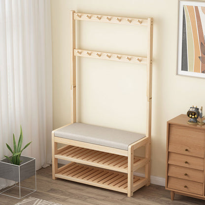 Modern Minimalist Solid Wood Linen Rectangular Shoe Bench 2-Tier Hall Tree For Entryway