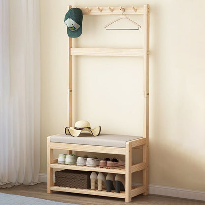 Modern Minimalist Solid Wood Linen Rectangular Shoe Bench 2-Tier Hall Tree For Entryway