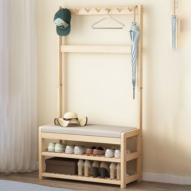 Modern Minimalist Solid Wood Linen Rectangular Shoe Bench 2-Tier Hall Tree For Entryway